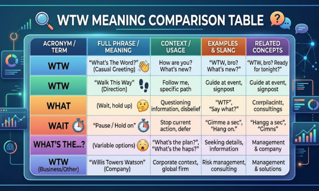 WTW Meaning Comparison Table