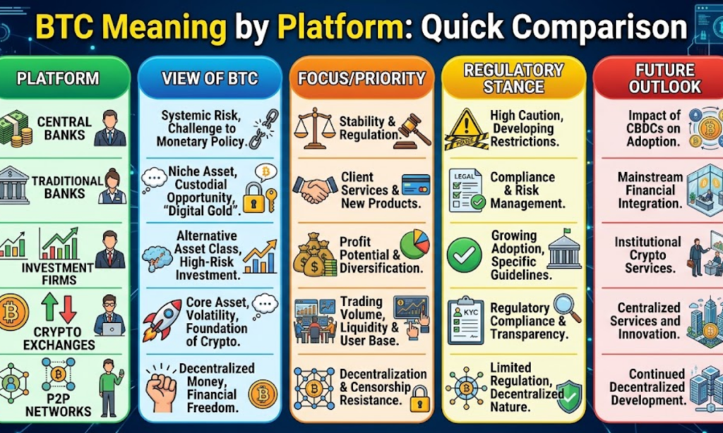 BTC Meaning by Platform Quick Comparison